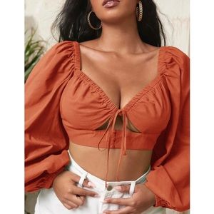 Lantern Sleeve Front Tie Crop Top